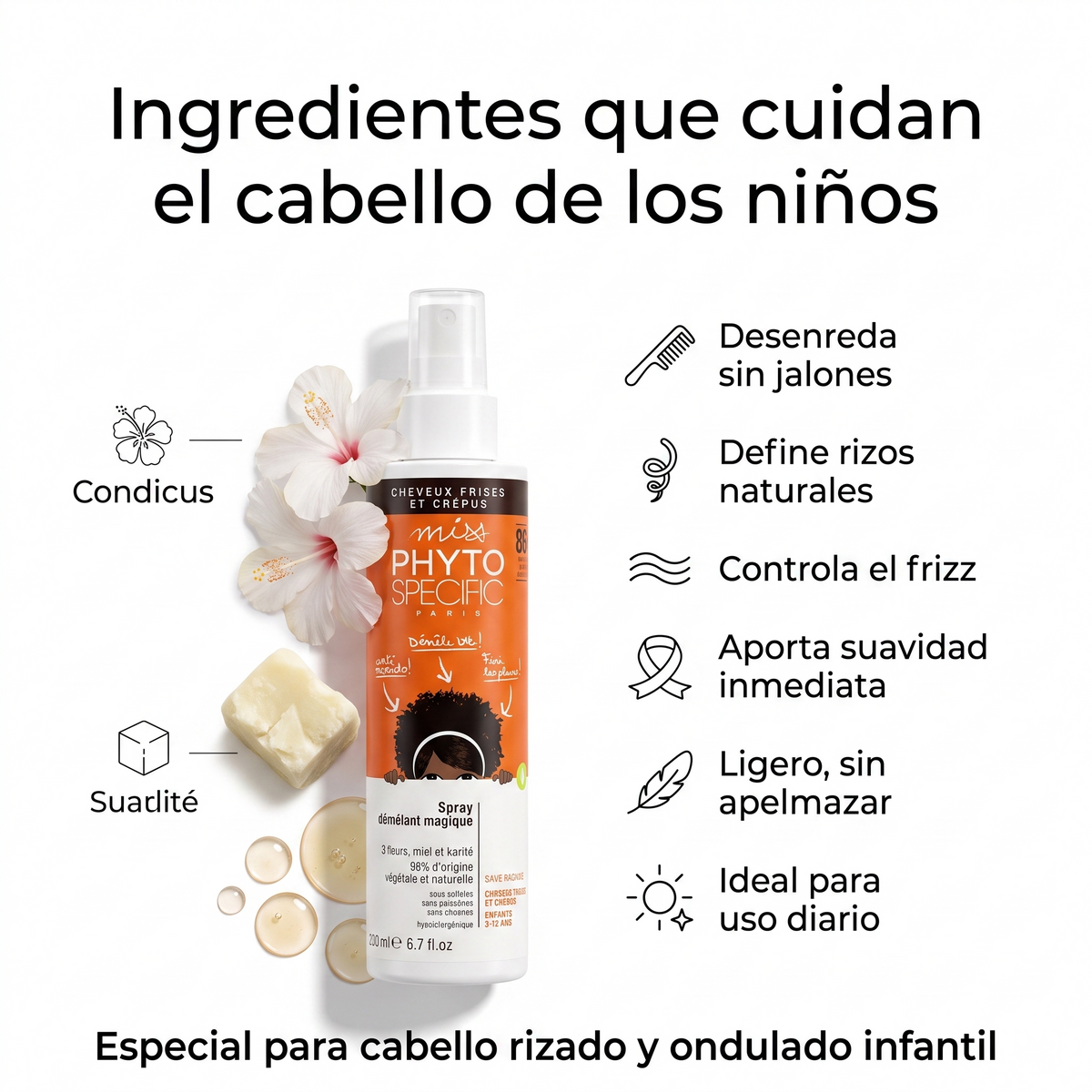 PHYTO PARIS Phytospecific Spray Desenredante Niños Cabello Rizado u Ondulado 250 ml – Anti Nudos, Suavizante, Sin Peso