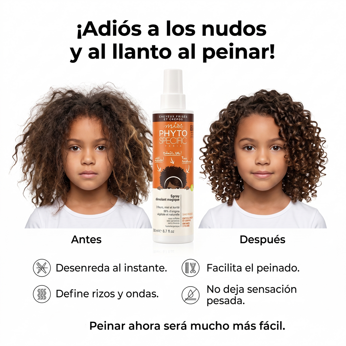 PHYTO PARIS Phytospecific Spray Desenredante Niños Cabello Rizado u Ondulado 250 ml – Anti Nudos, Suavizante, Sin Peso