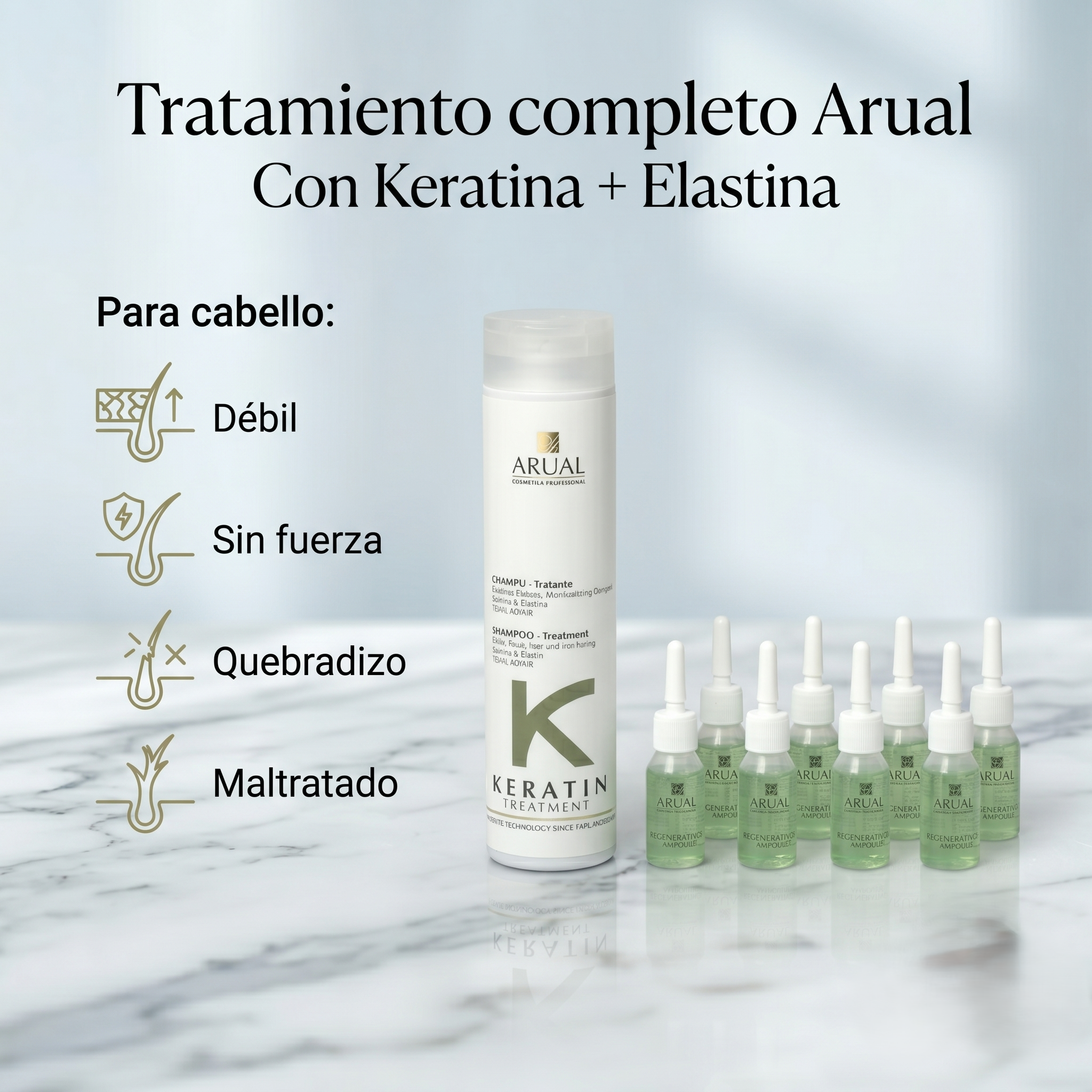 ARUAL Total Repair Kit con Keratina | Shampoo Reparador 250 ml + 8 Ampolletas Fortalecedoras | Tratamiento Capilar para Cabello Dañado, Débil y Quebradizo