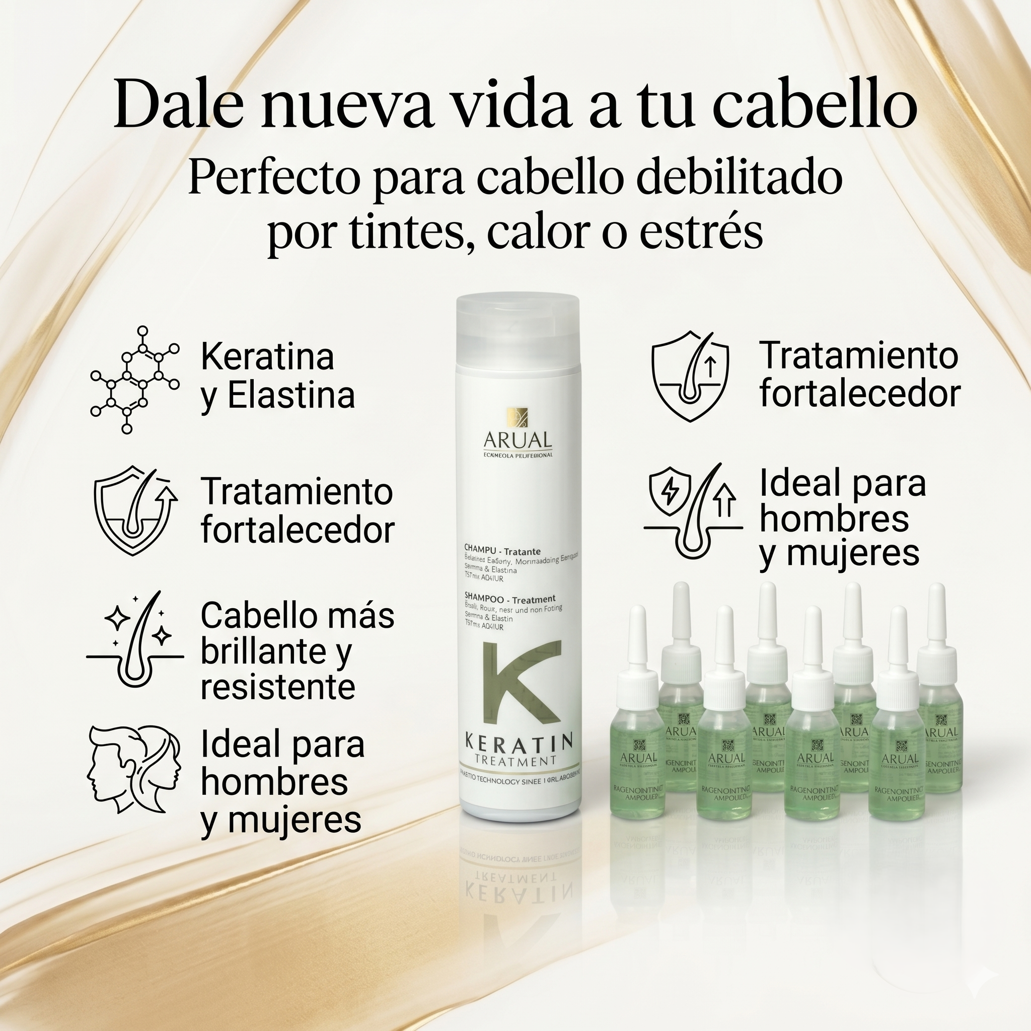 ARUAL Total Repair Kit con Keratina | Shampoo Reparador 250 ml + 8 Ampolletas Fortalecedoras | Tratamiento Capilar para Cabello Dañado, Débil y Quebradizo